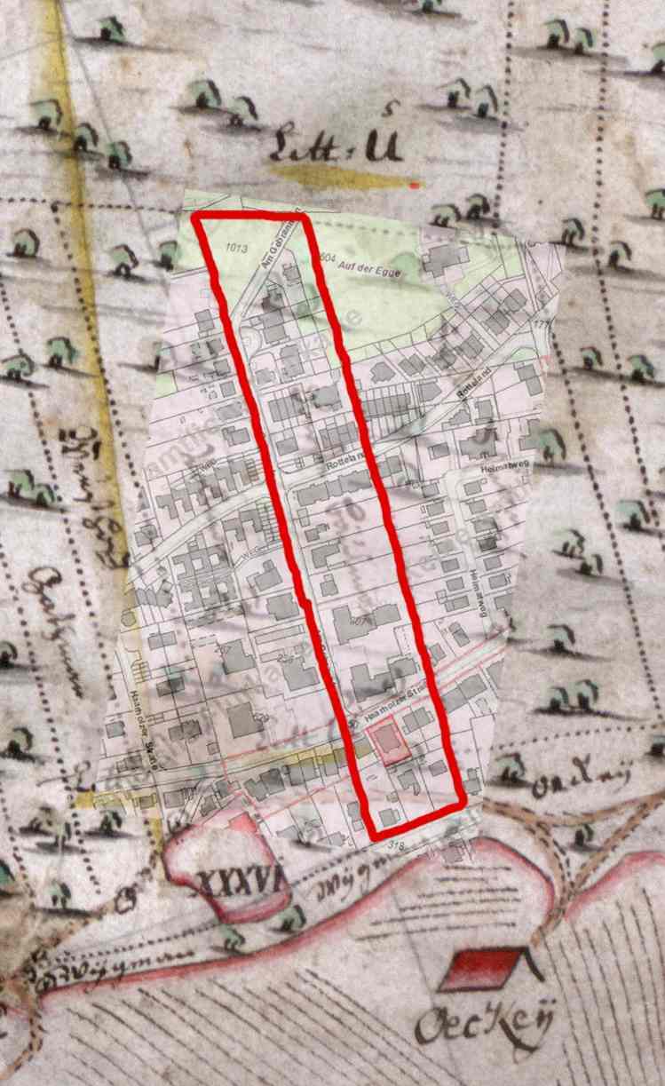 Ausschnitt der Markenteilungskarte 1786 mit Überlagerung einer aktuellen Katasterkarte: von den Häusern Hevener Straße 35 – 39 am unteren Rand bis oben zu Hausnr. Am Gebrannten 40 zog sich das ehemalige Grundstück Oberste-Beulmann.