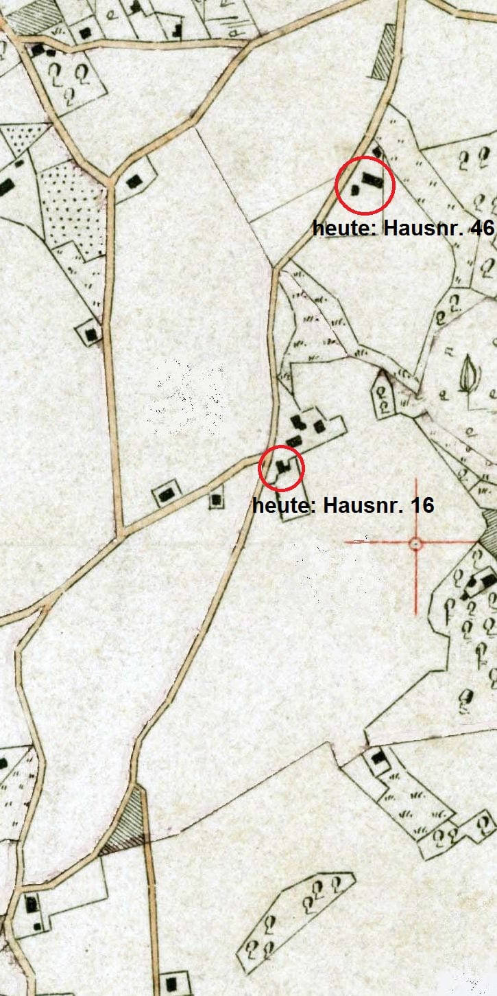 Ausschnitt aus der Stiepeler Gemarkungskarte von 1885, ergänzt um zwei heutige Hausnummern