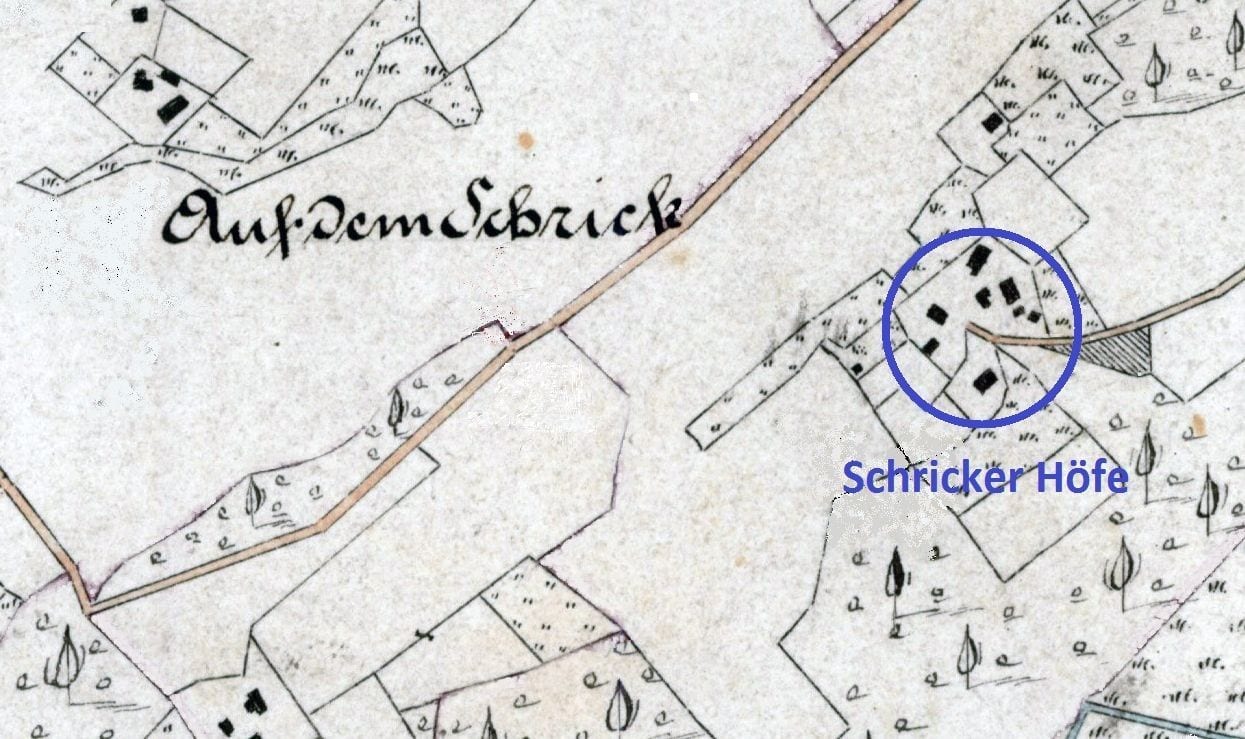 Kartenausschnitt von1885. Gut zu erkennen: die Schricker Höfe noch ohne Straßenanbindung