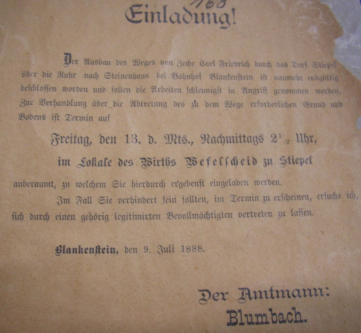 Einladung „… zur Verhandlung über die Abtretung des … Grund und Bodens“, Juli 1888