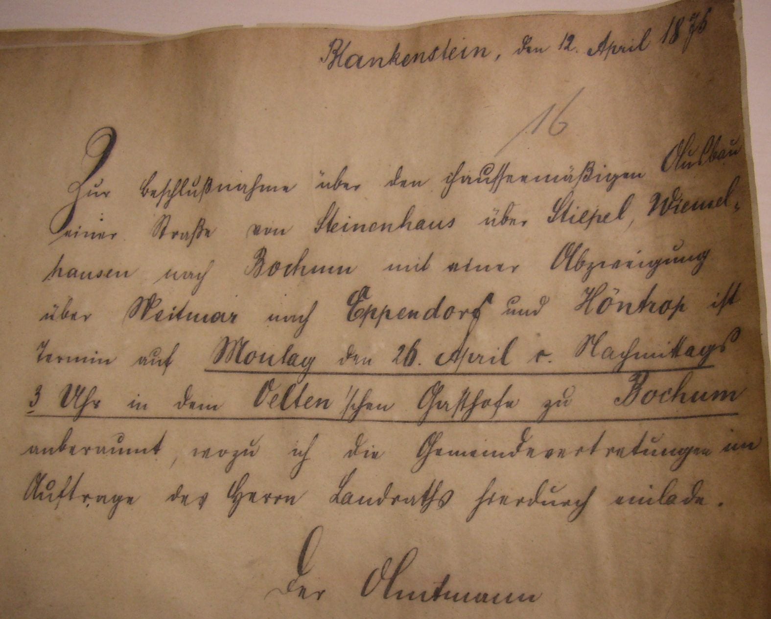 Einladung „Zur Beschlußnahme über den chausseemäßigen Ausbau…“, April 1875