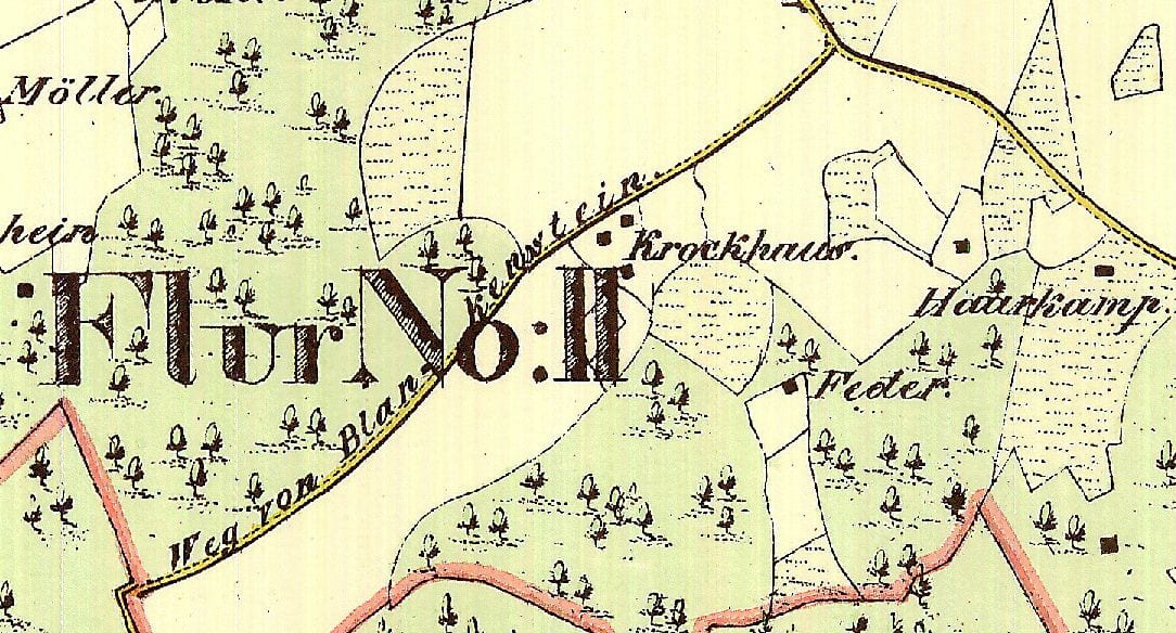 Auf der Preußischen Gemeindekarte von 1824 wird die Straße als „Weg von Blankenstein“ bezeichnet. Herausgeber: Stadt Bochum