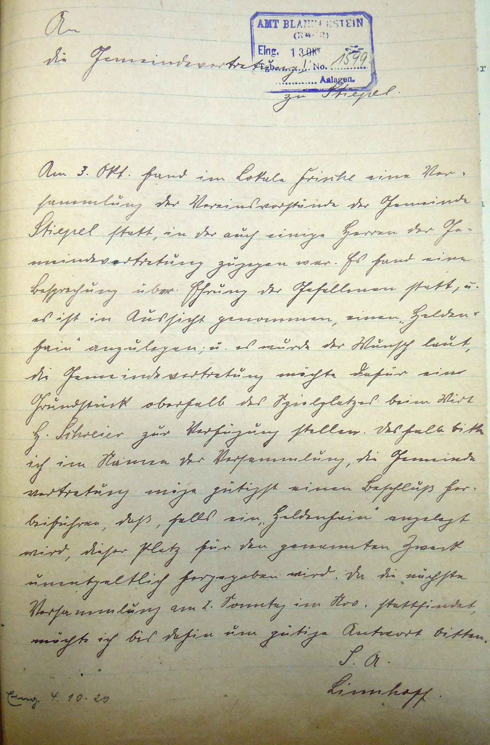 Schreiben vom 4.10.1920