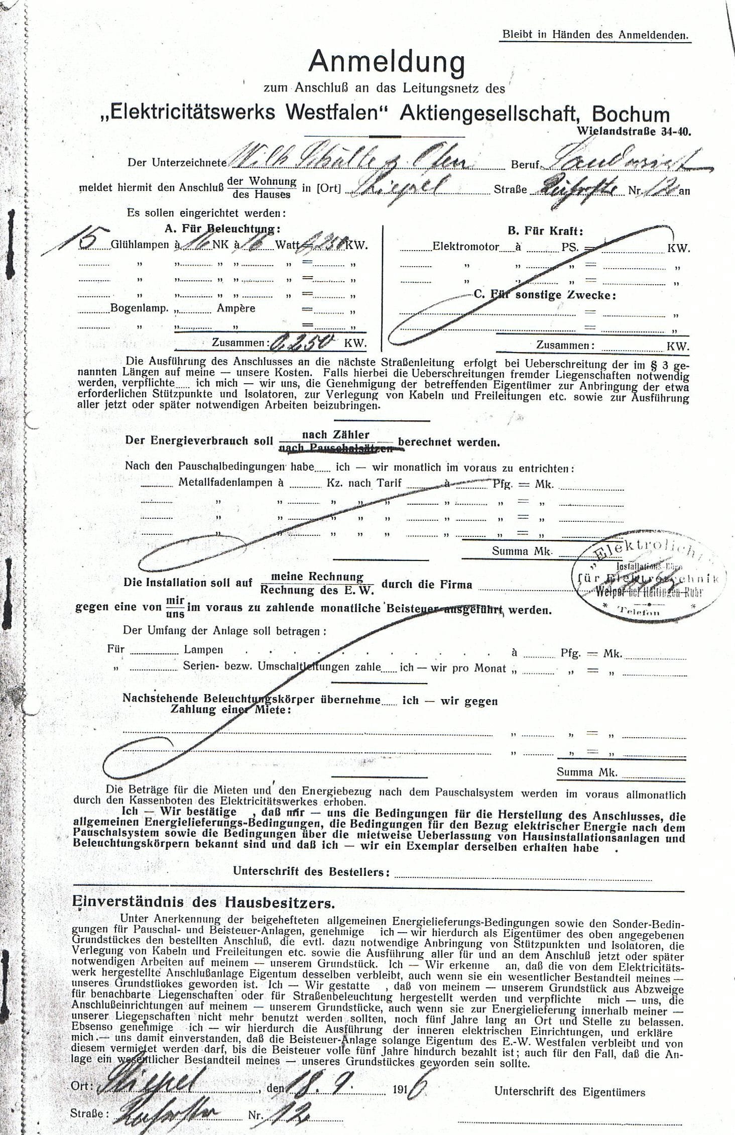 Eine Anmeldung zum Anschluss an das Leitungsnetz aus dem Jahr 1916