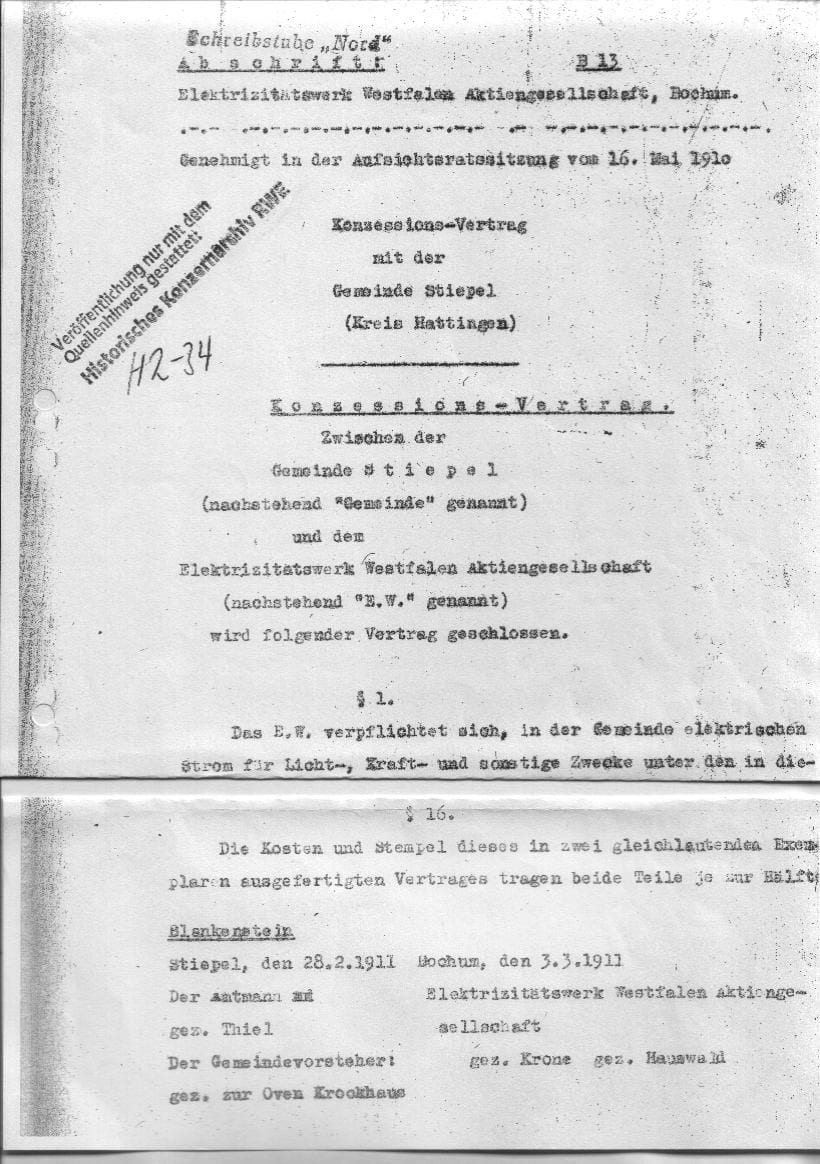 Ein Ausschnitt aus dem Konzessionsvertrag, Quelle: Historisches Konzernarchiv RWE