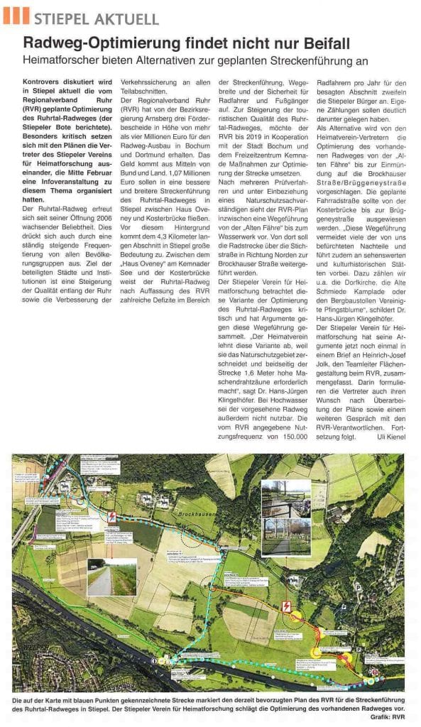 Diskussionsstand zum Ruhrtal-Radweg, Stiepeler Bote März 2018