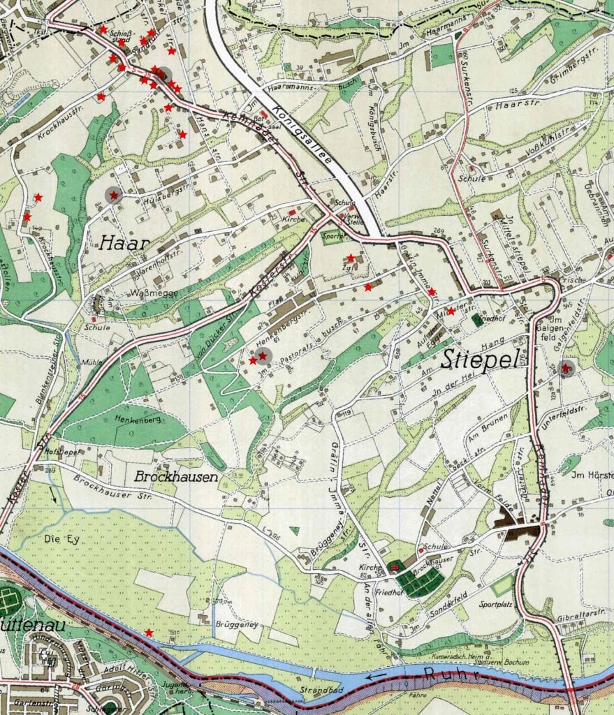 Stadtplan 1939: rot markiert = komplett zerstörte Gebäude; schwarz umkreist = Gebäude mit Toten (mit Genehmigung des Amtes für Geoinformation, Liegenschaften und Kataster der Stadt Bochum, Kontrollnummer: BO/11/367)