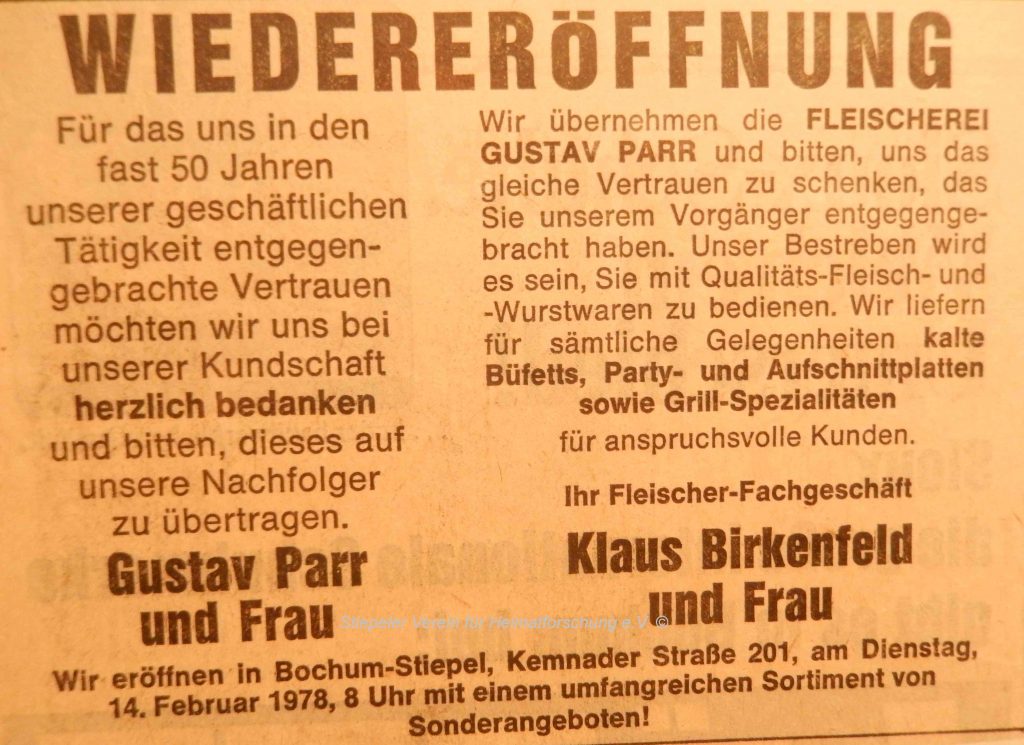 Metzgerei Parr: Wiedereröffnung durch Birkenfeld (1978)